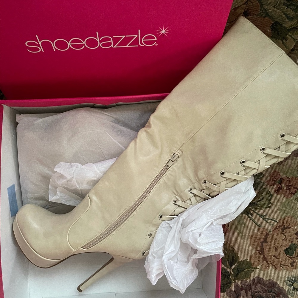 Sexy, Platform, Knee High, Stiletto Heel Boot - Laced Back, Neutral Bone Color